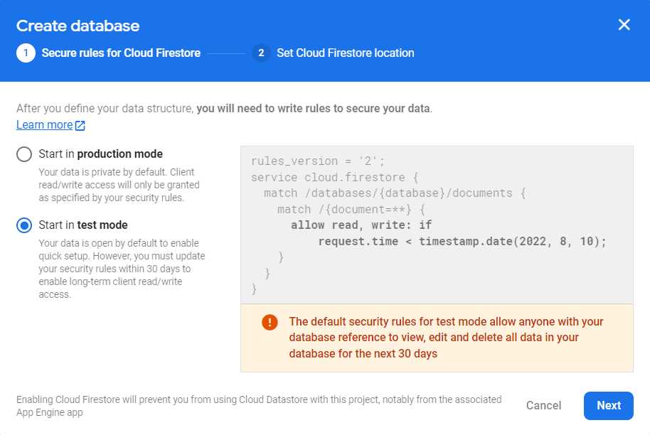 Firebase Console (Create database—Step 1)