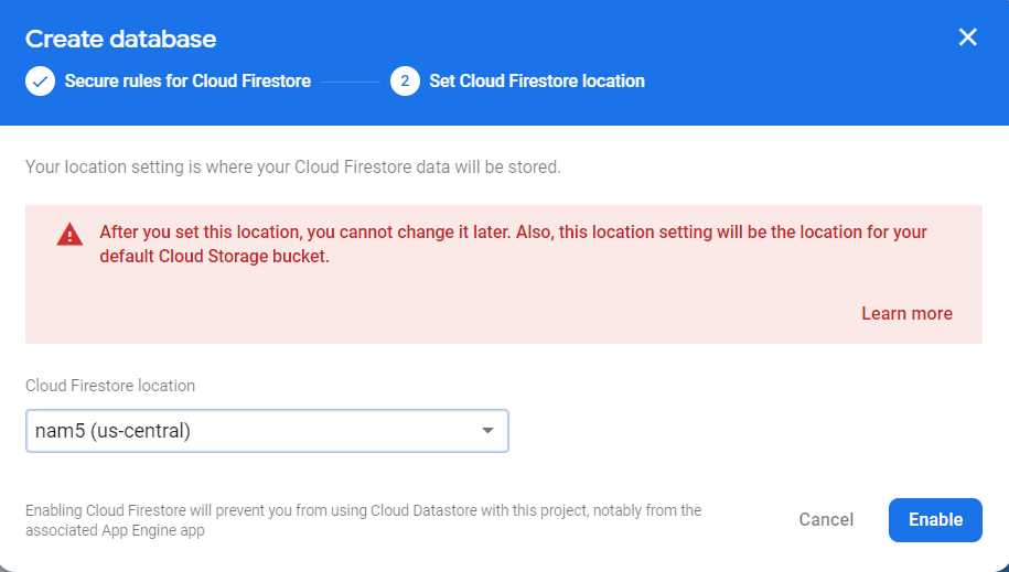 Firebase Console (Create database—Step 2)