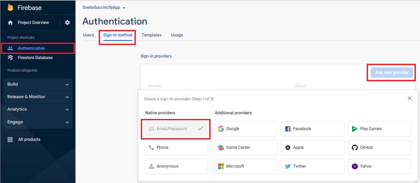 Firebase Console—Enabling Email/Password Authentication (Step 1)