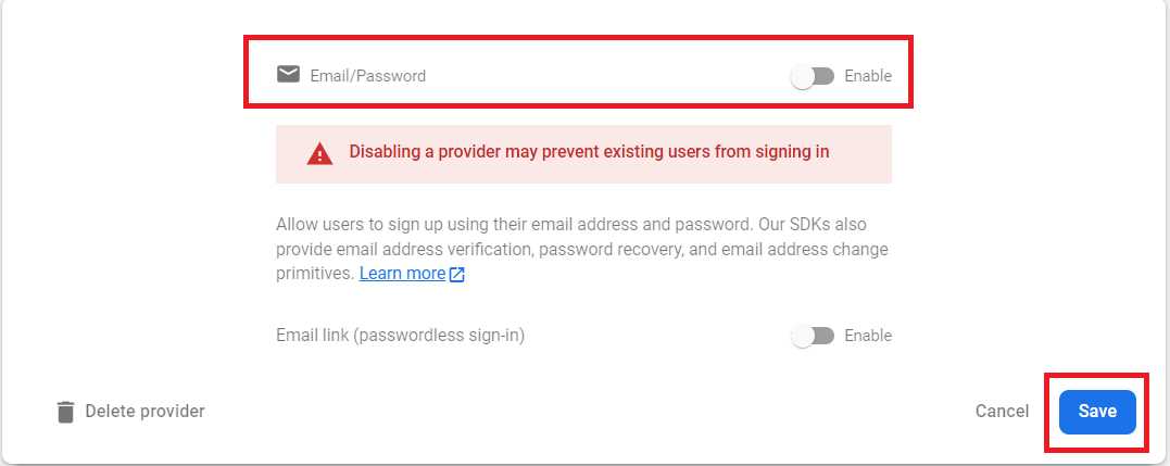 Firebase Console—Enabling Email/Password Authentication (Step 2)