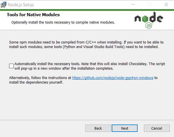 Node.js Installation (Tools for Native Modules Screen)