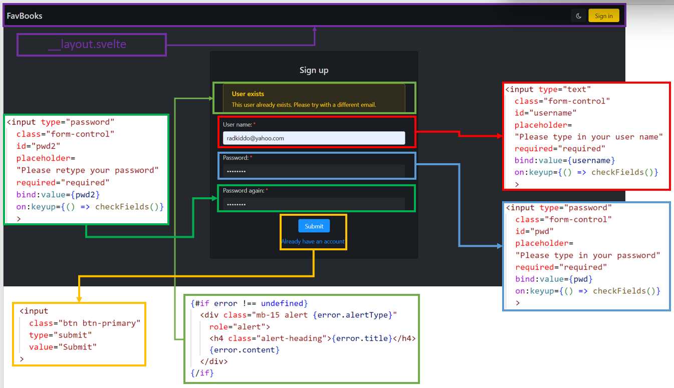 Sign up Page UI and Markup (register.svelte) Relationship