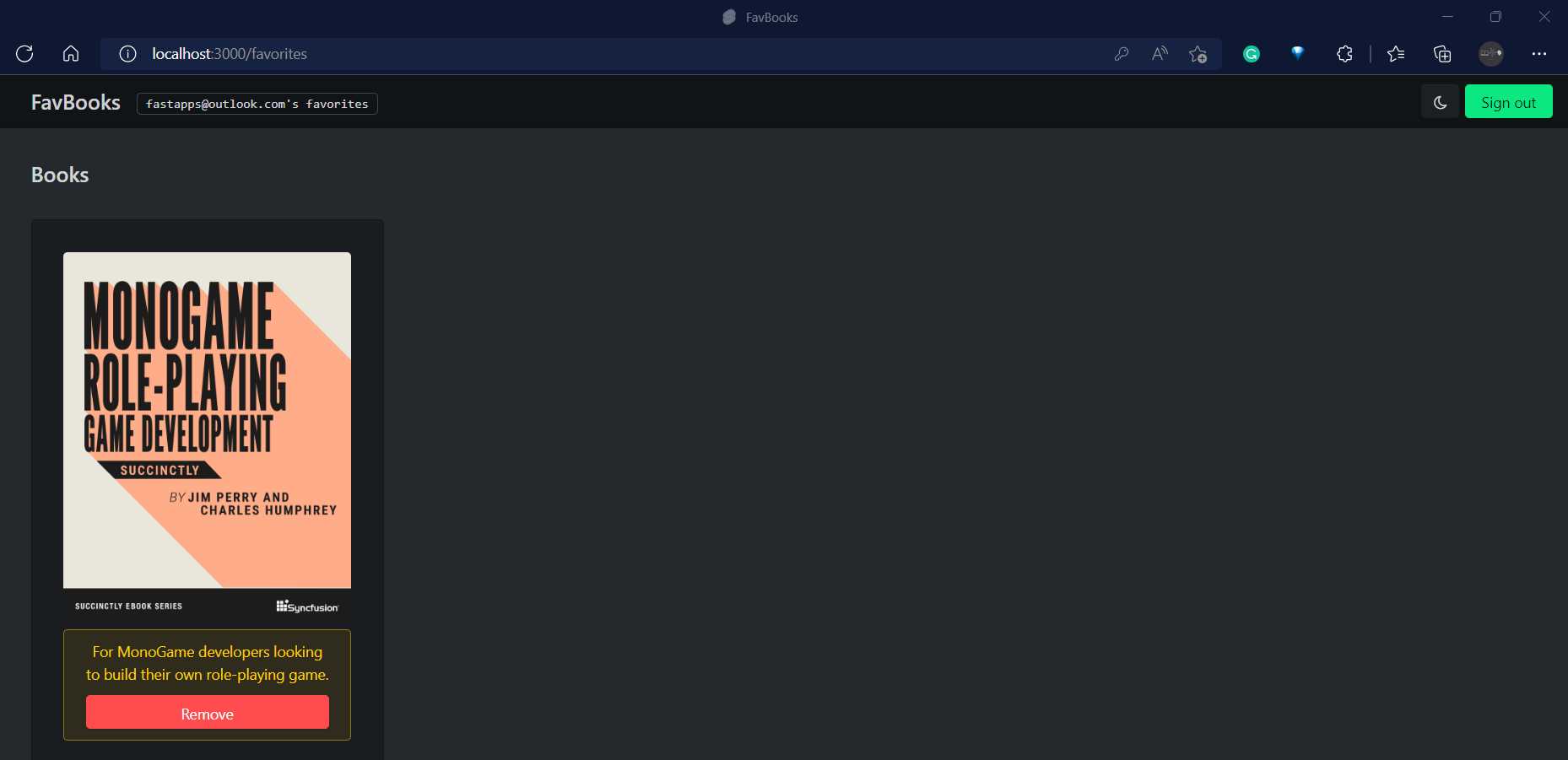 Testing the App (Favorites Page with a Book Added—User Signed In)