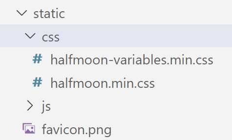 The Halfmoon Library CSS Files within the scr/static/css Project Folder (VS Code)