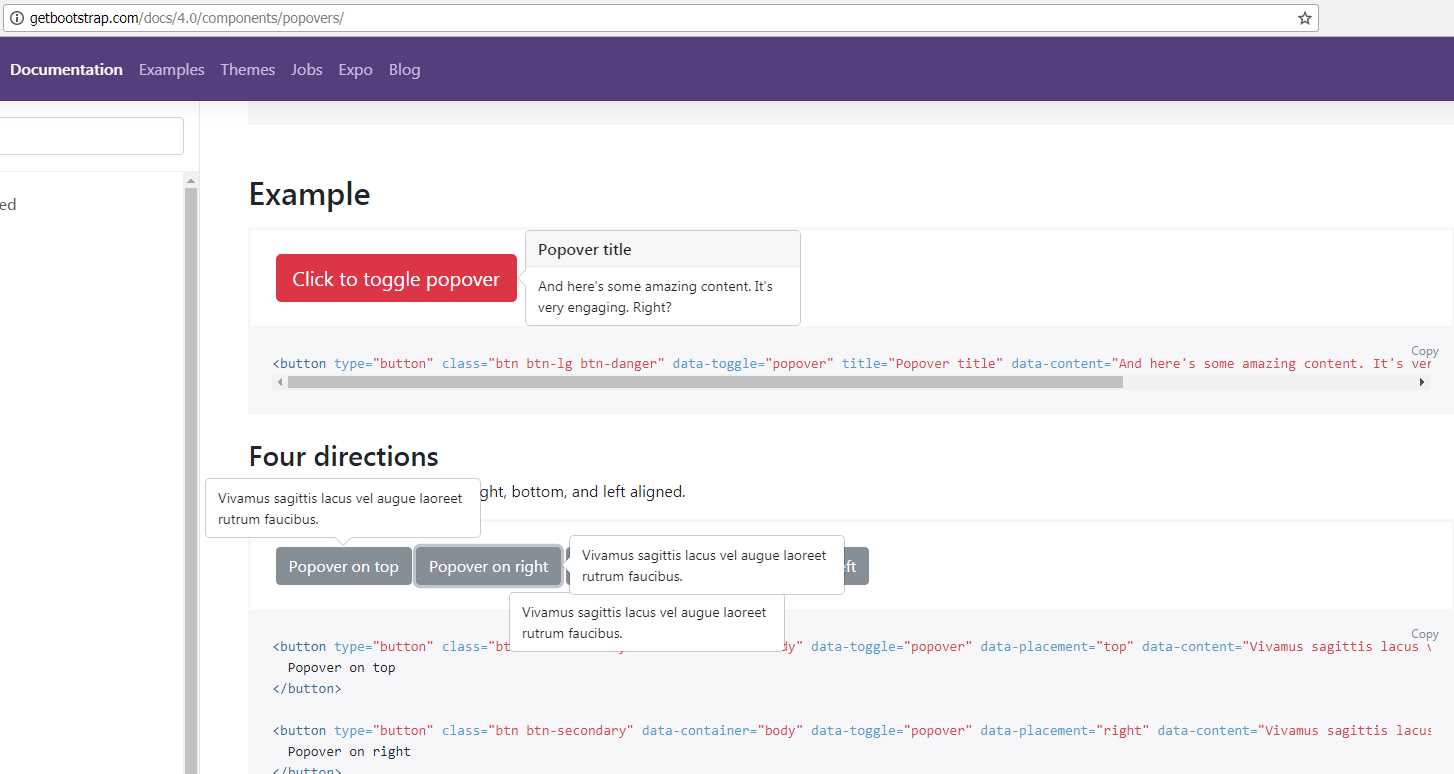 Popovers demo on the Bootstrap documentation site