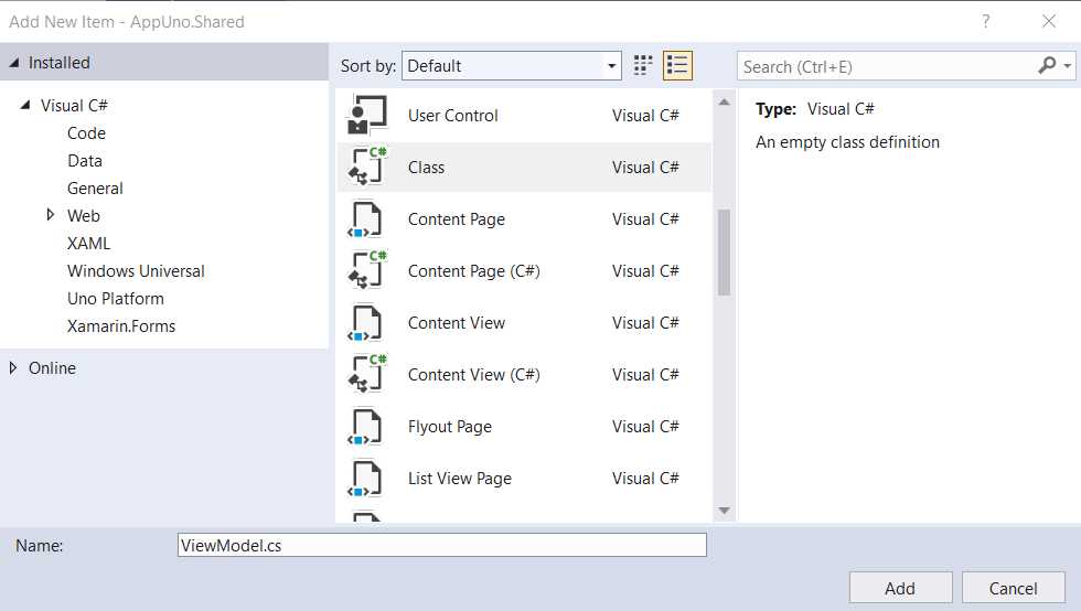 Add New Item – ViewModel.cs