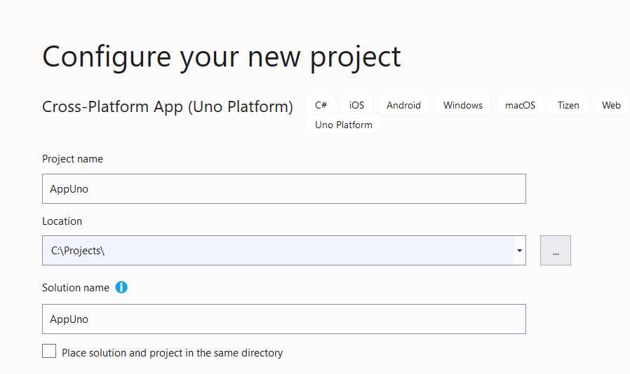 Choosing the Uno Solution Name and Location