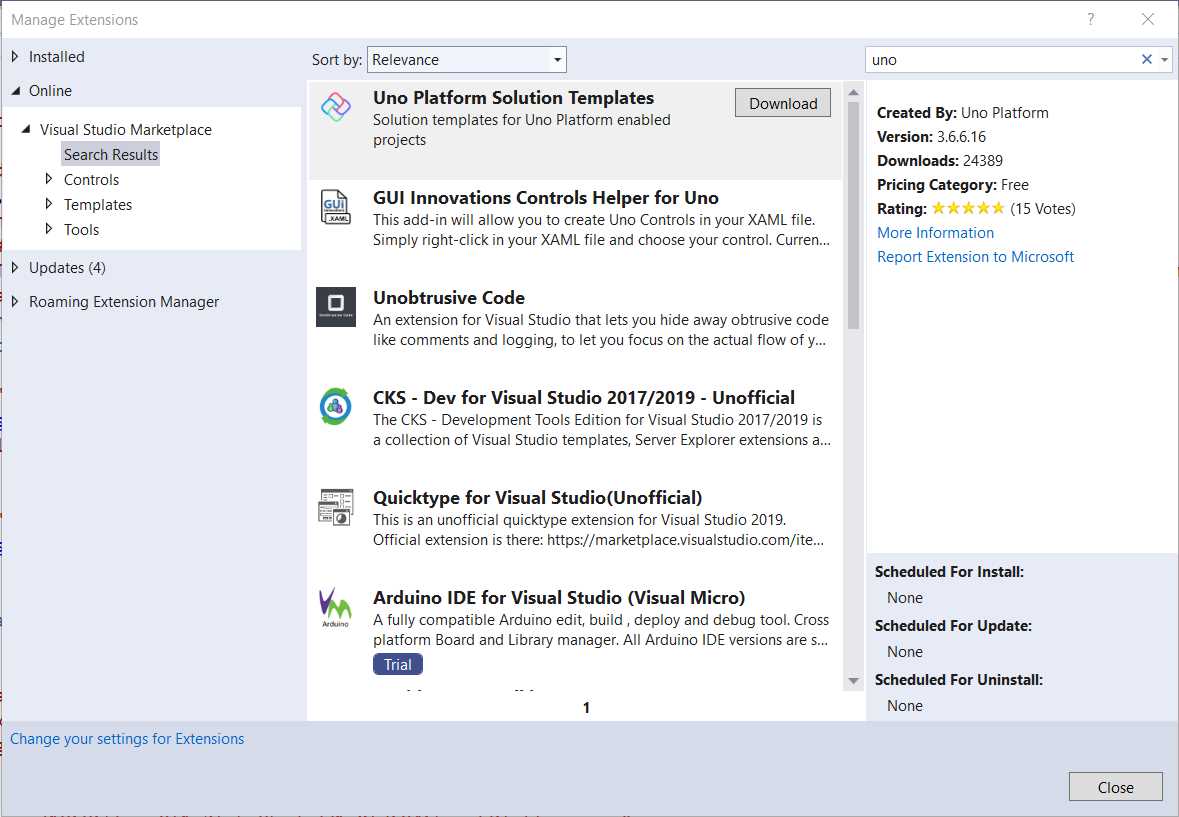 Manage Extensions Window – Uno Platform Solution Templates
