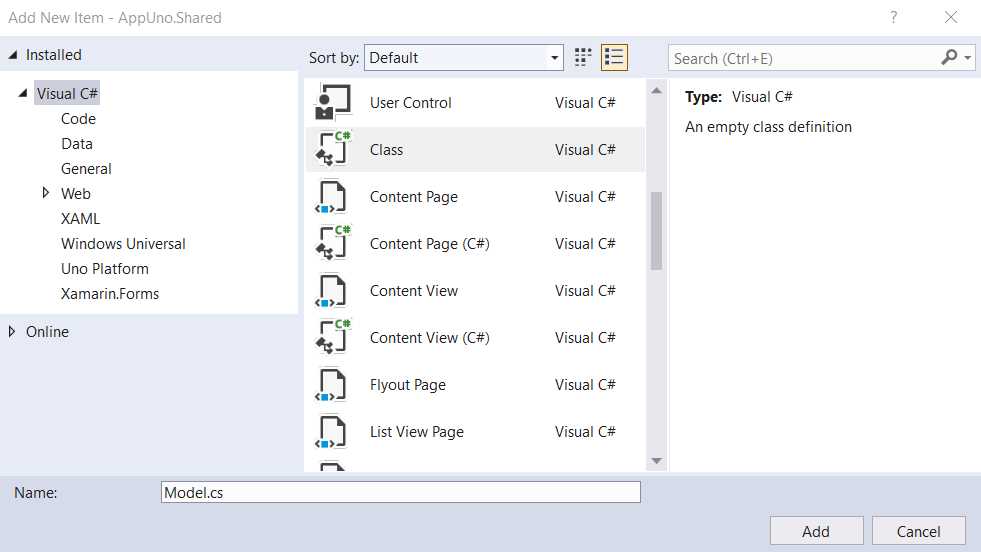 The Add New Item Window