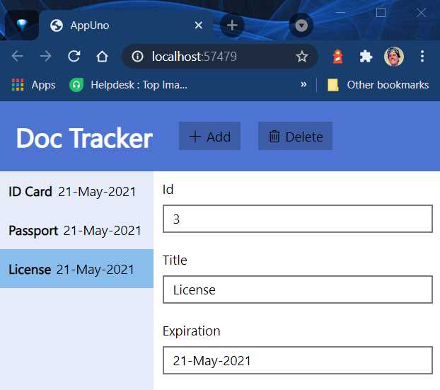 The App Running (The Delete Button Enabled)