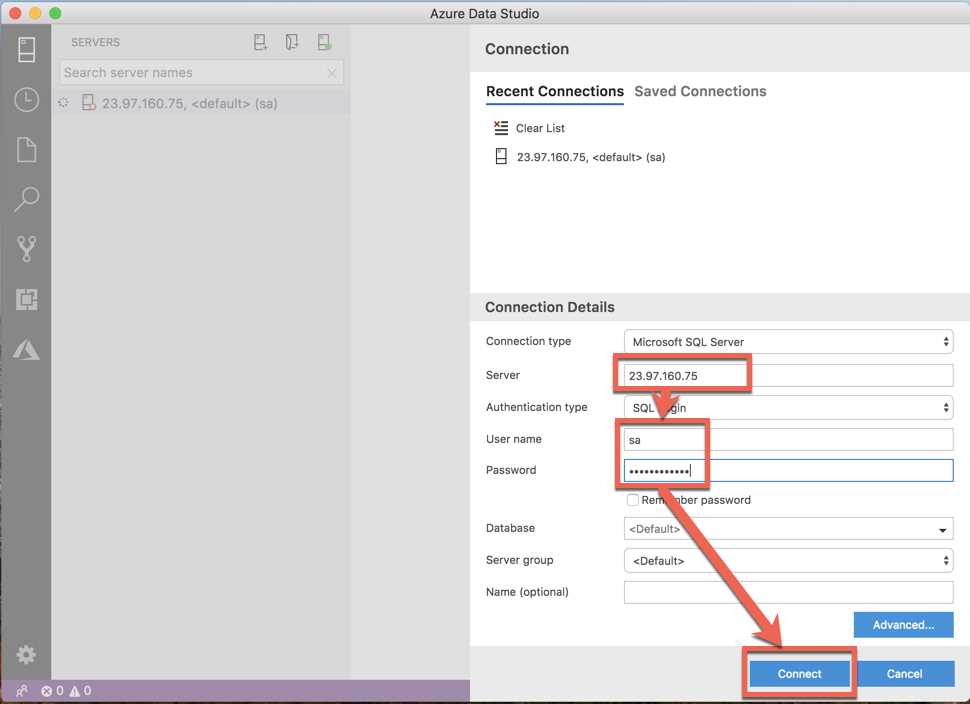 Azure Data Studio connection form