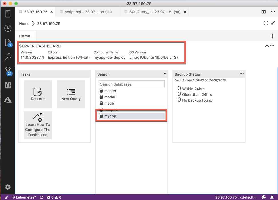 Azure Data Studio dashboard with the connection info and the created database