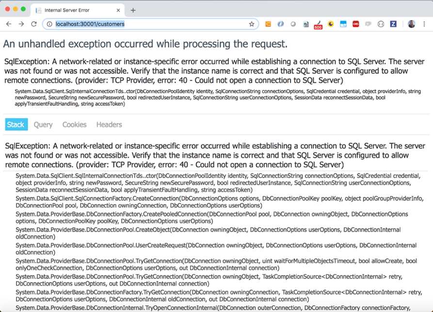 Customers page database error