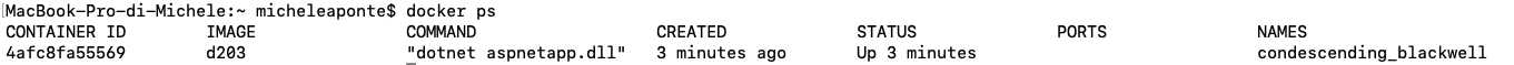Output of the docker ps command after ASP.NET Core container runs
