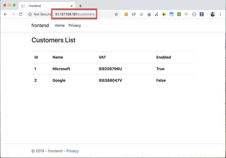 The customer page of the application running from Azure Kubernetes Service