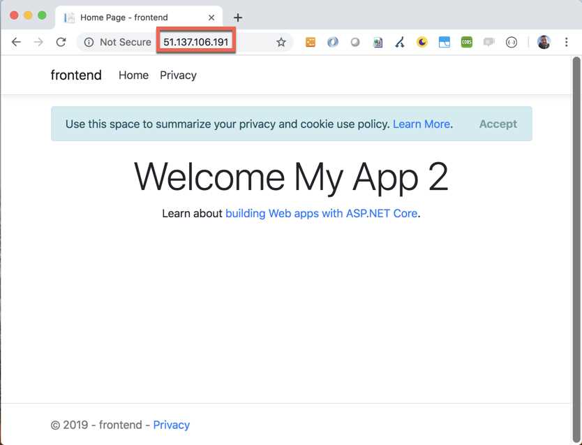 The front-end application exposed from Azure