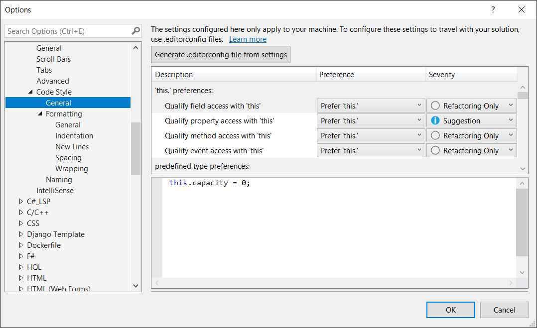 Code Style options for C#