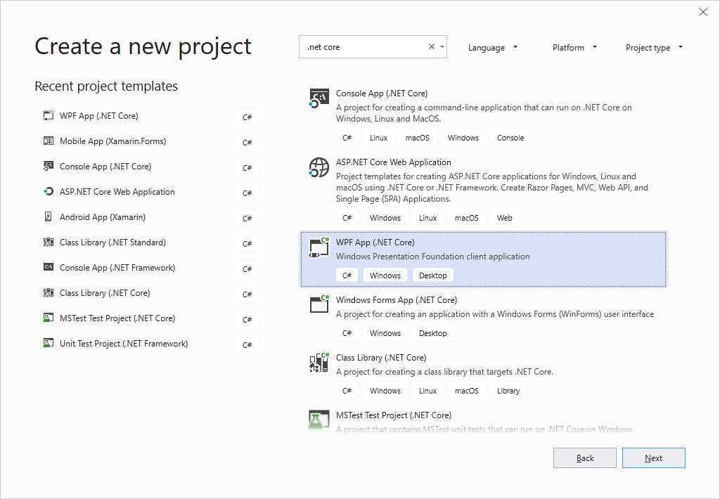 Creating a new WPF app on top of .NET Core