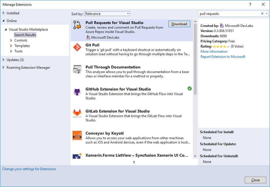 Downloading the Pull Requests for Visual Studio extension