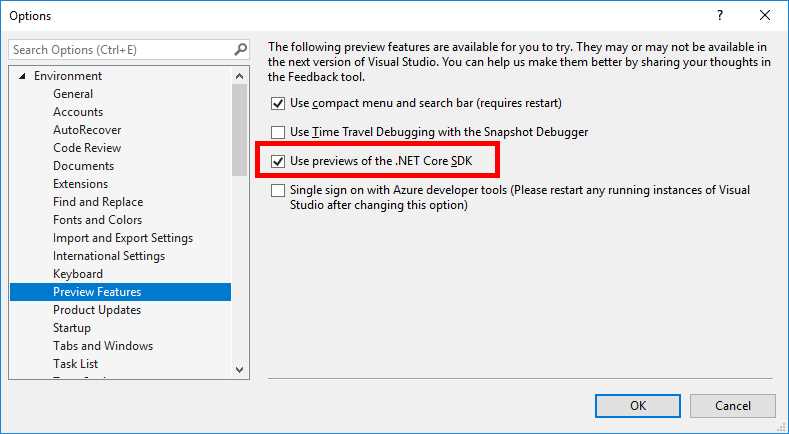 Enabling .NET Core SDK previews
