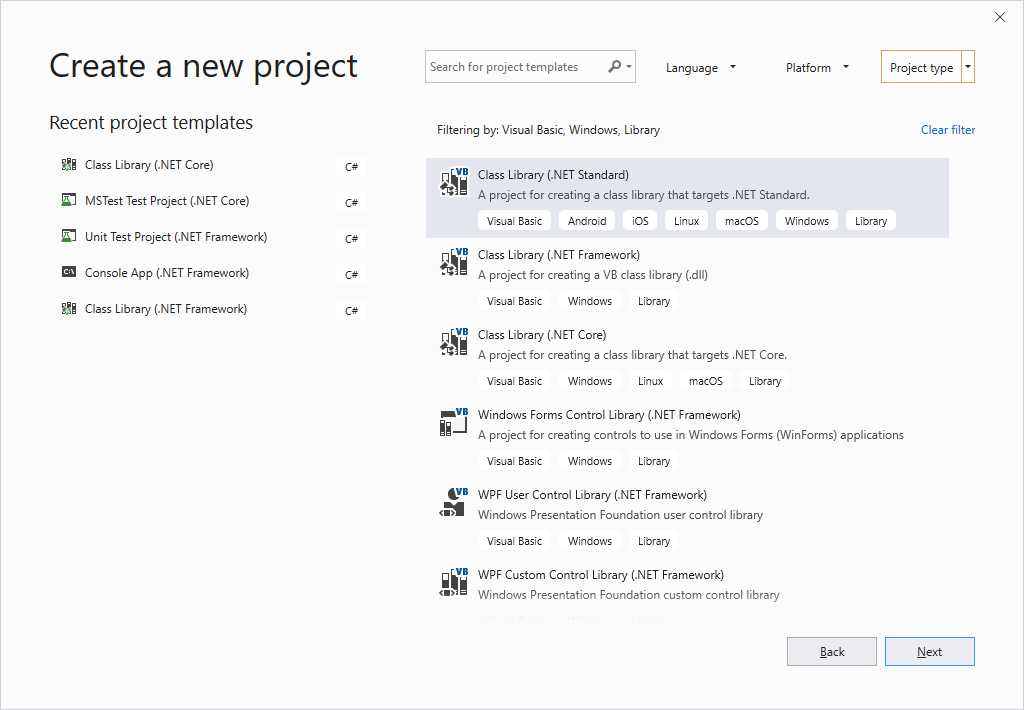 Filtering the list of project templates