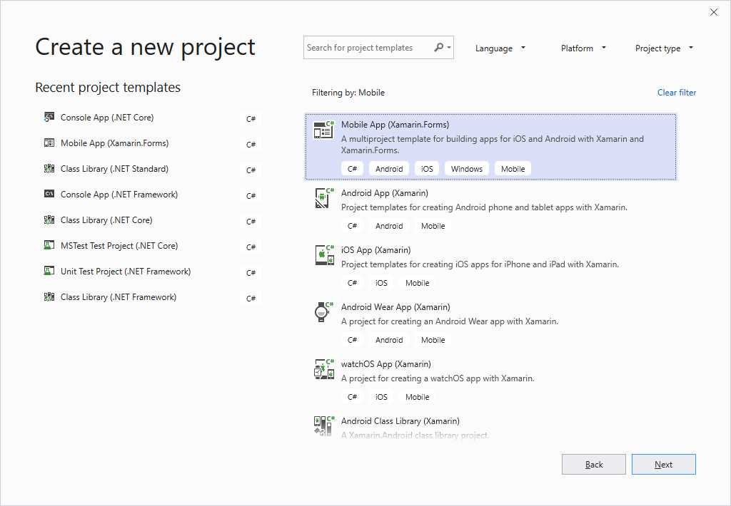 Getting the list of Xamarin project templates