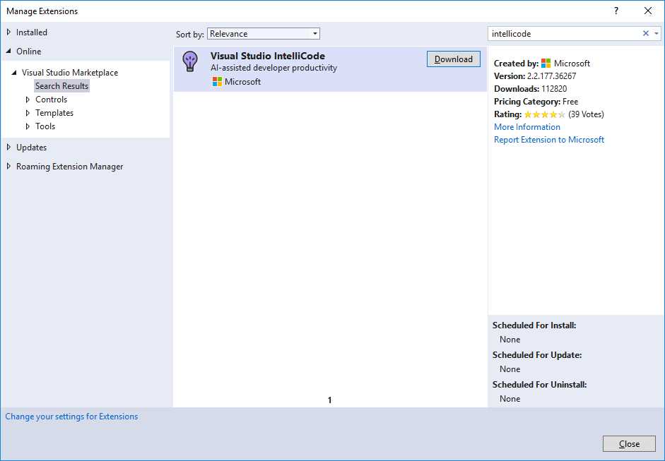 Installing the IntelliCode extension