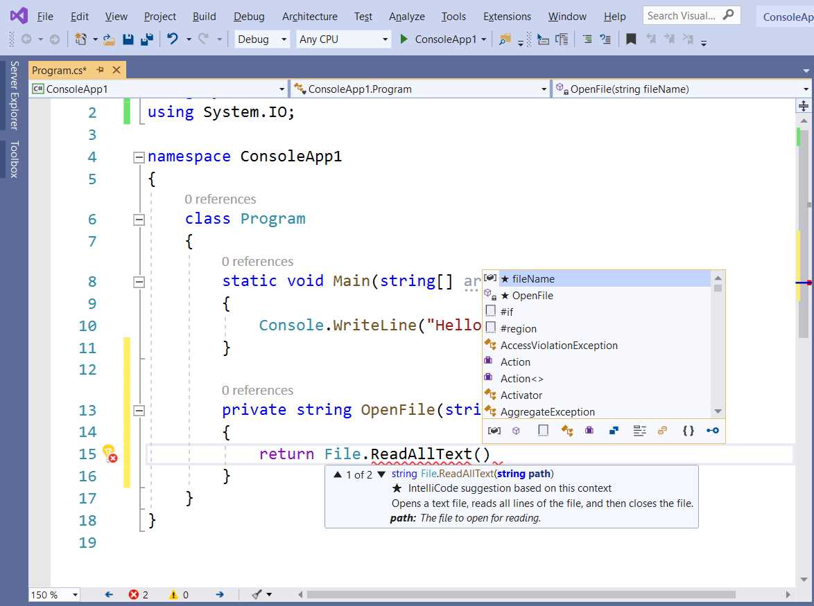 IntelliSense shows IntelliCode recommendations