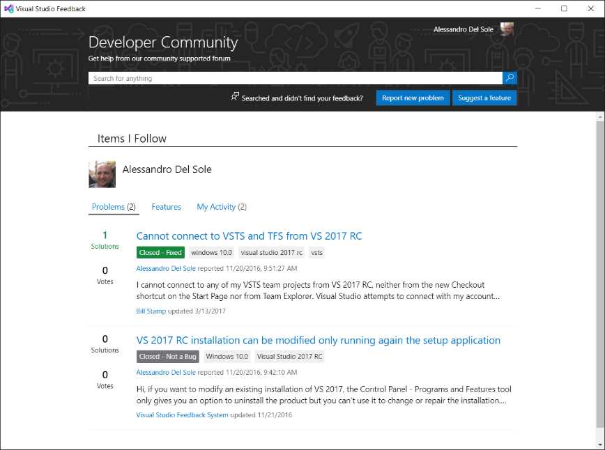 Latest developer activities from the feedback tool