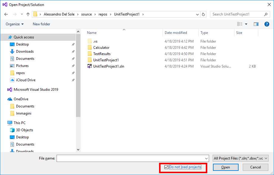 Opening a solution without loading projects