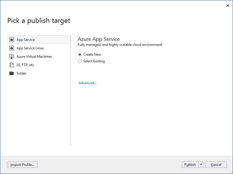 Selecting a publish target