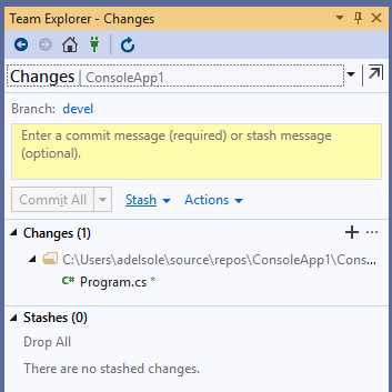 Support for stashing changes in Team Explorer