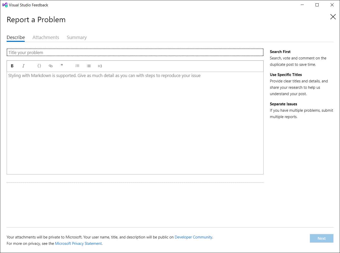The form offered to report a problem