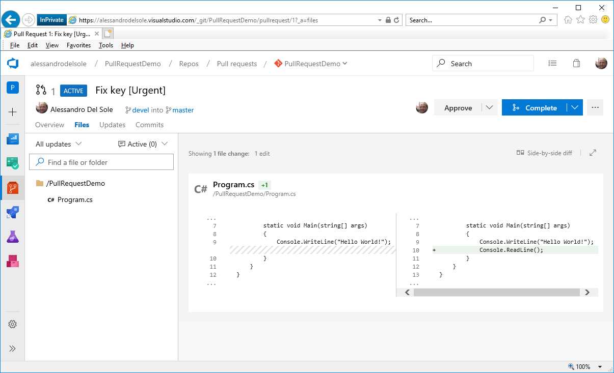 The pull request details in the Azure DevOps portal