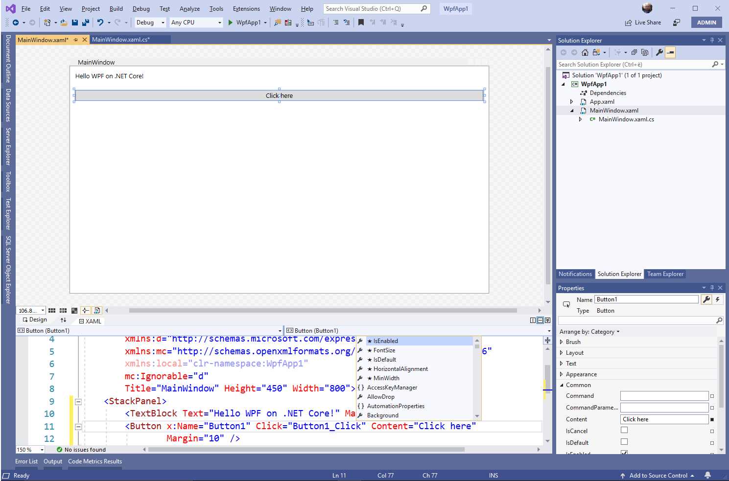 The WPF development environment with .NET Core