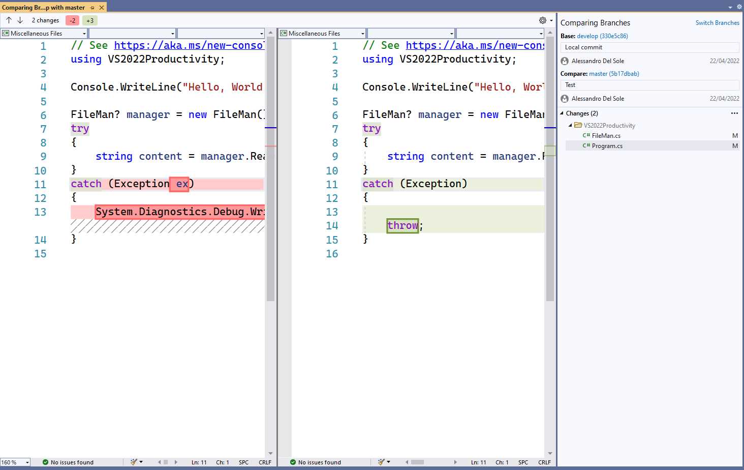 Branch Comparison in Visual Studio 2022