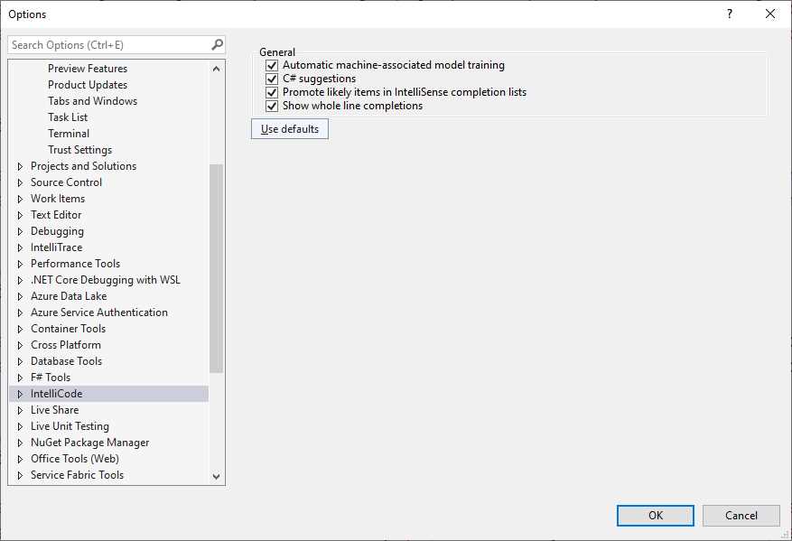 Managing IntelliCode Completions Options