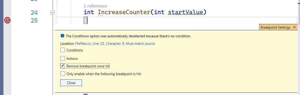 Setting a Breakpoint as Temporary