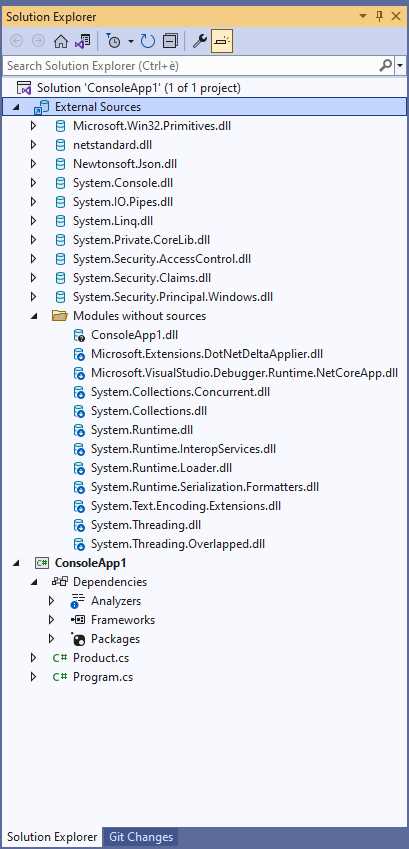 The External Sources Tool Window Displays External Modules