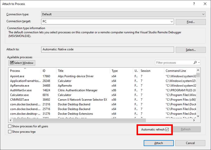 The New Automatic Refresh Option in the Attach to Process Dialog