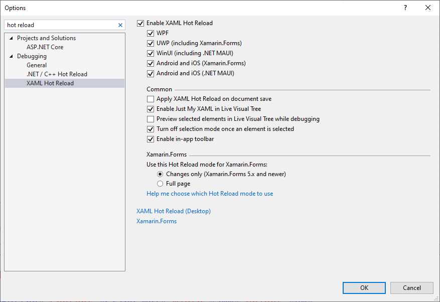 The New Settings Dialog for XAML Hot Reload