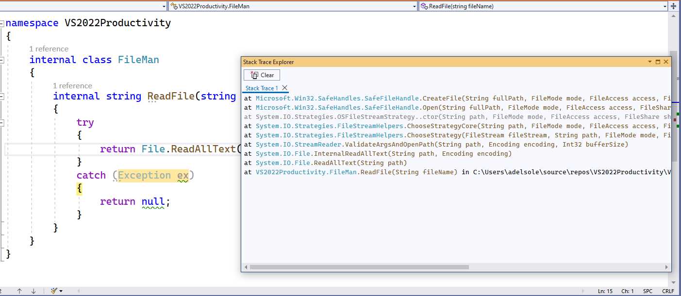 The Stack Trace Explorer Tool Window in Action