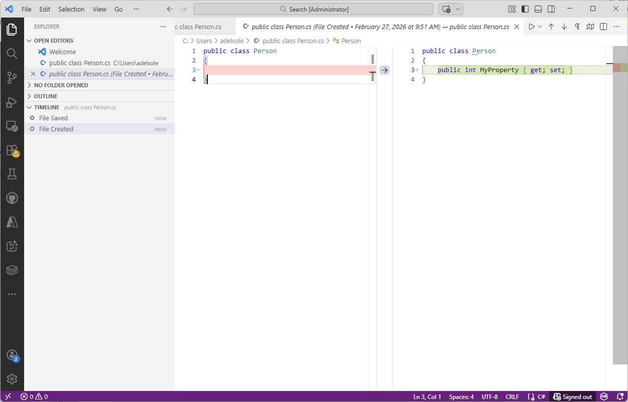 Comparing file history from the Timeline