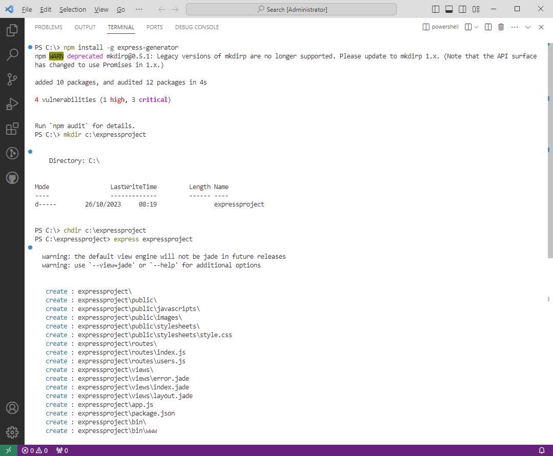 Creating a JavaScript project from the integrated terminal