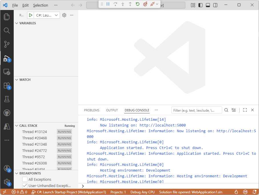 Debugging session with breakpoints and code status