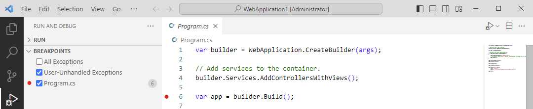 Placing breakpoints in the code editor
