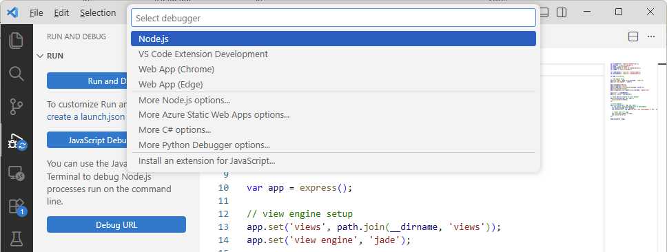 Selecting the Node.js debugger