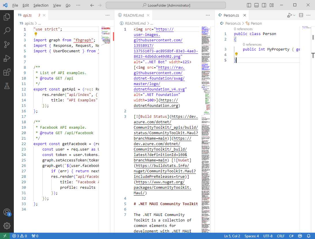 The code editor with three code files open