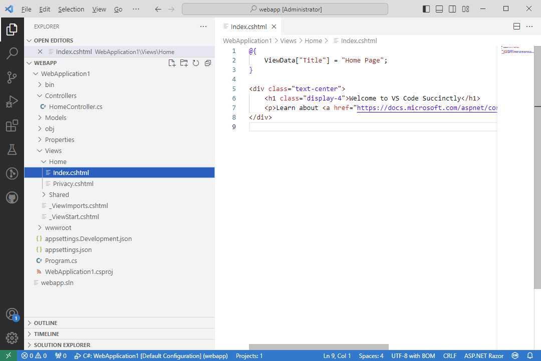 The new ASP.NET project has been created