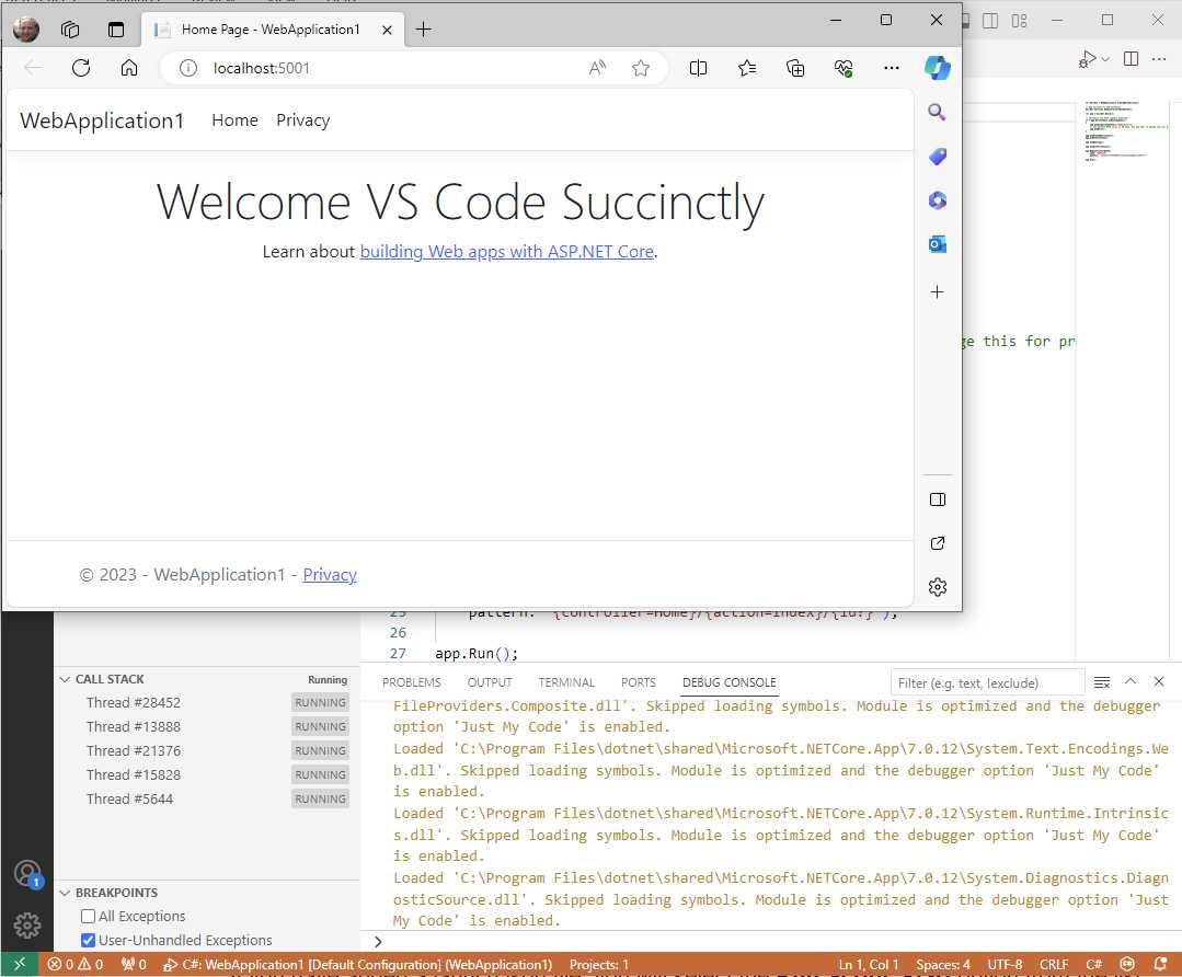 The sample application running